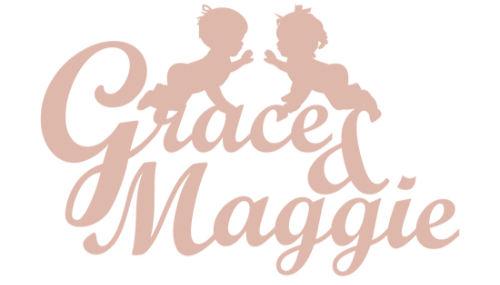 Silhouettes of two children with the names 'Grace' and 'Maggie' in a decorative font on a white background.