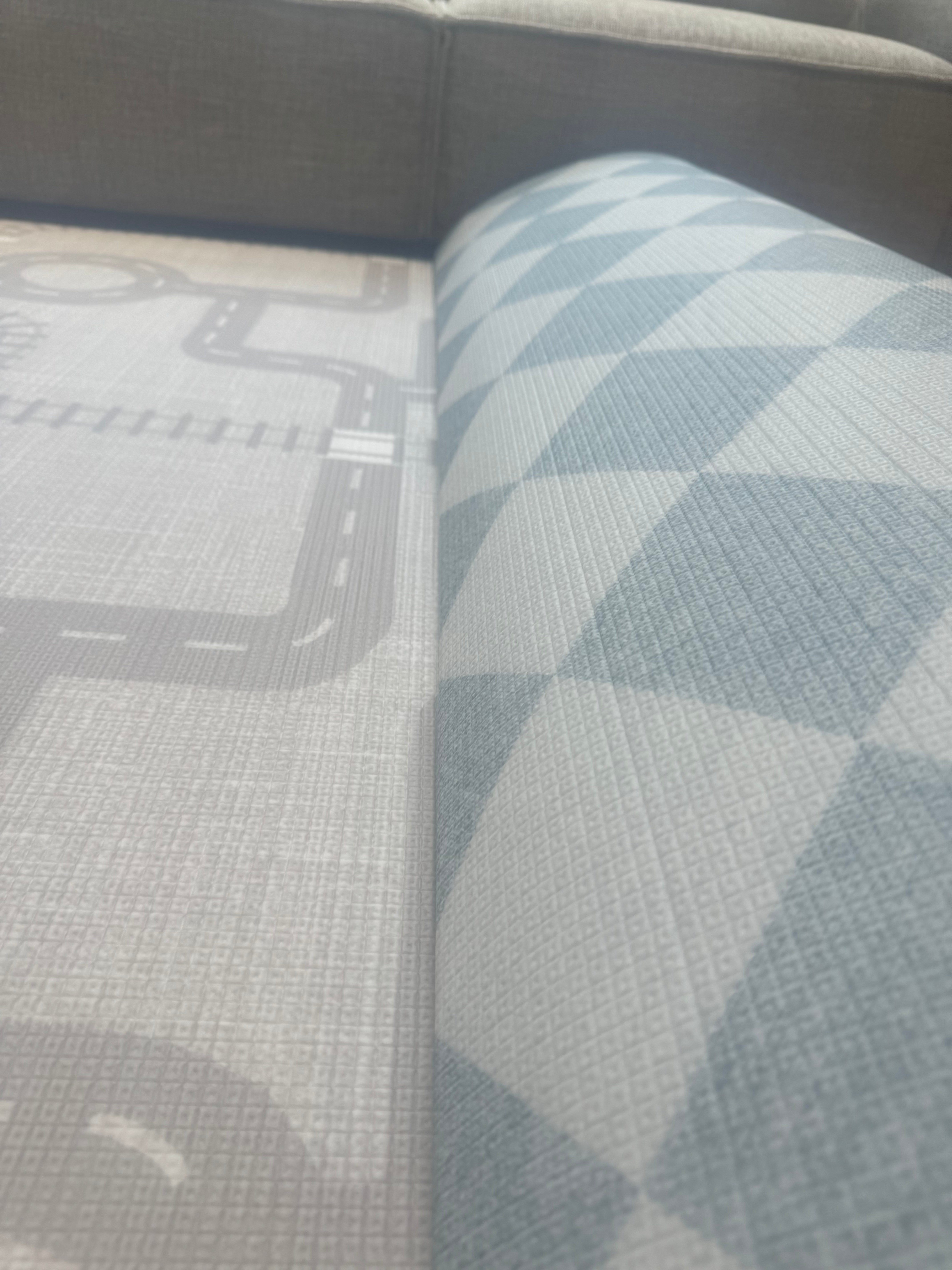 A blue and white checkered rug is displayed in a bright and inviting living room.