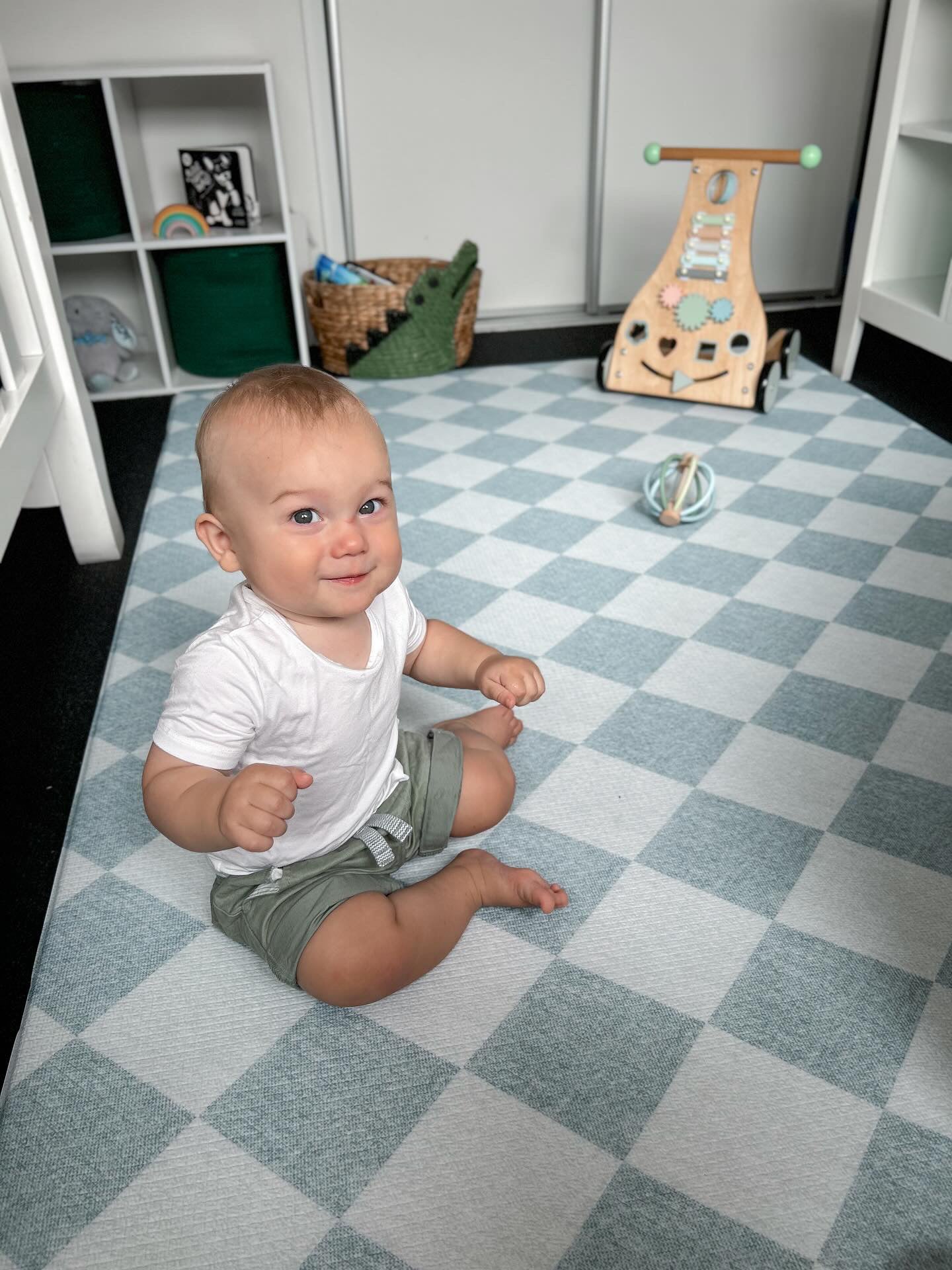 A living room features a blue and white checkered rug, adding texture and style.