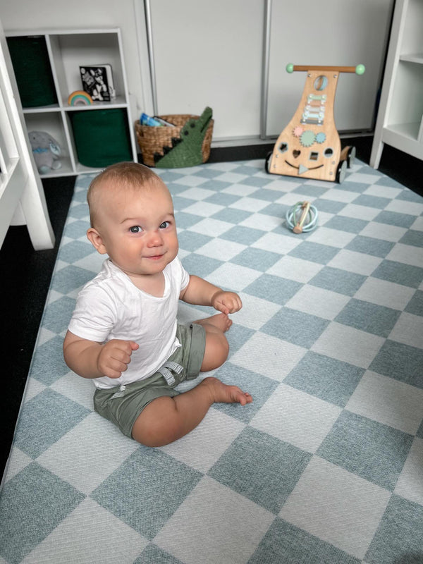 A living room features a blue and white checkered rug, adding texture and style.