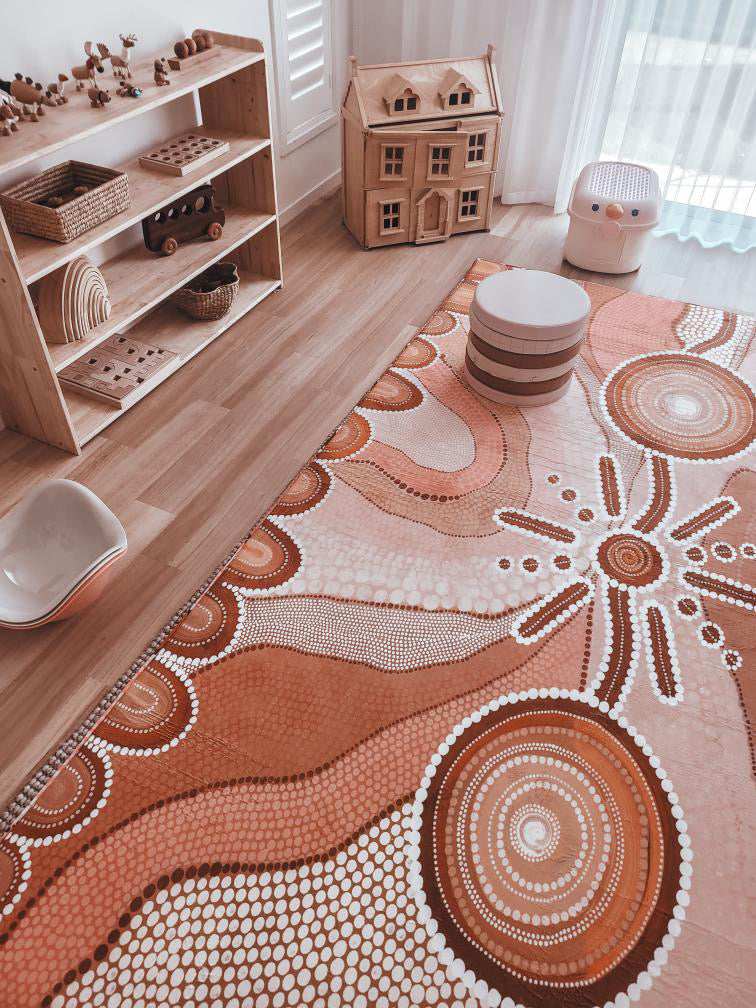 Australian Aboriginal art rug featuring vibrant colors and traditional patterns, showcasing cultural heritage and craftsmanship.